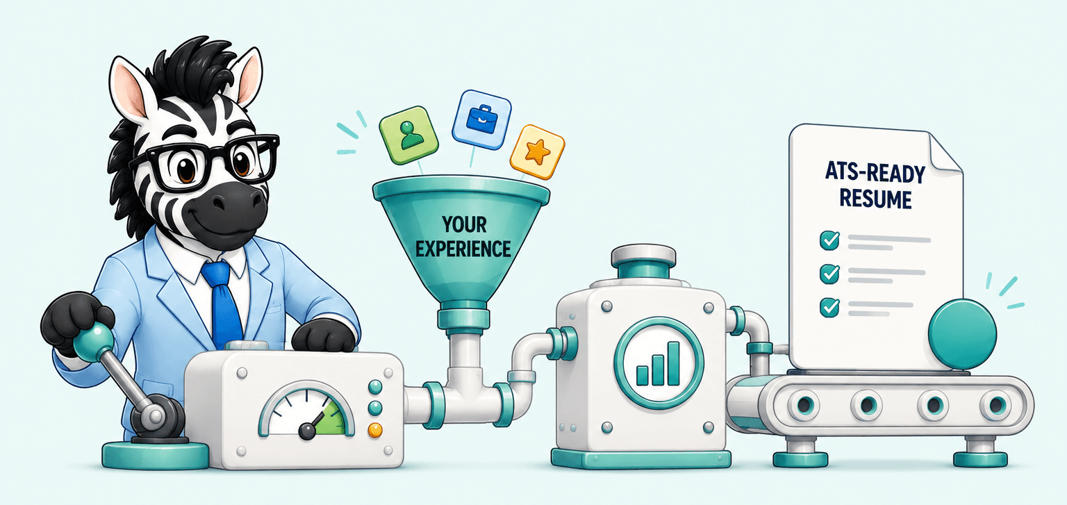 ZebraCV mascot turning your experience into an ATS-ready resume