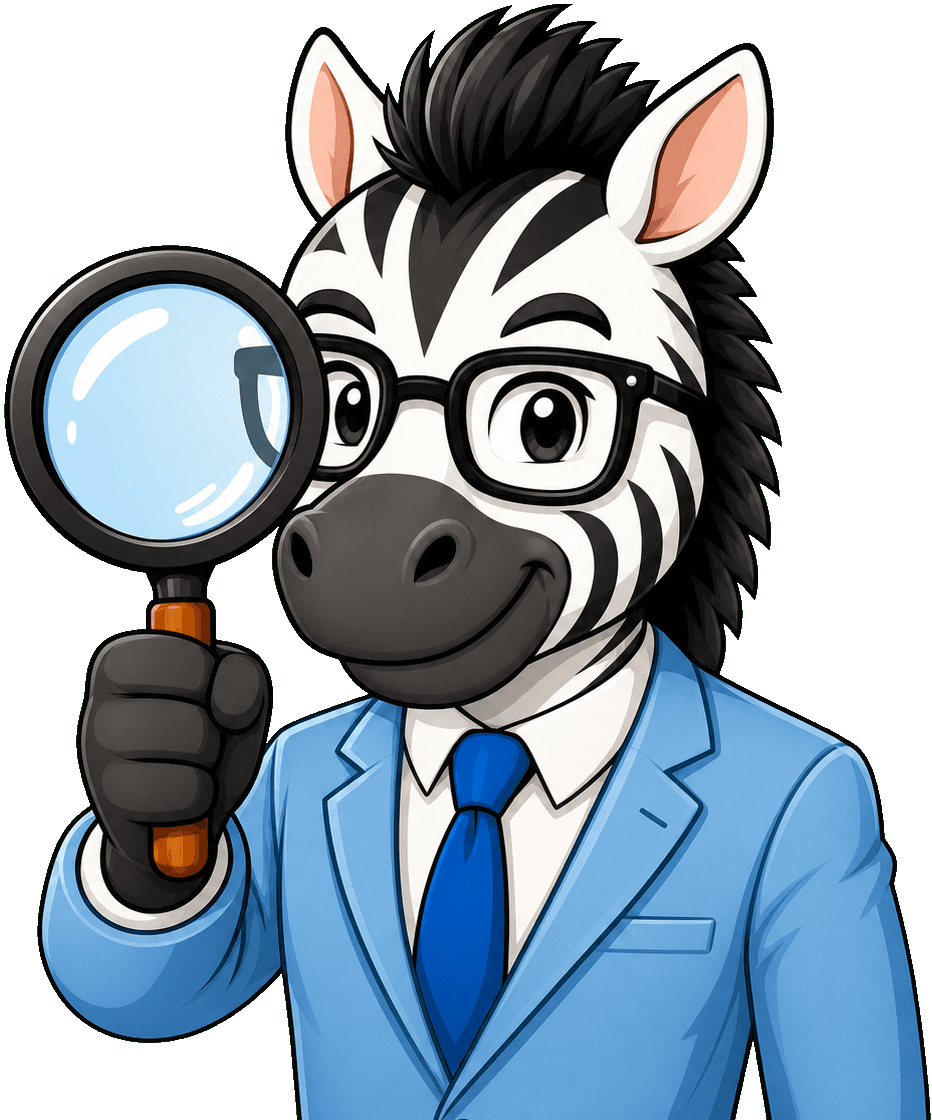 ZebraCV mascot inspecting a resume with a magnifying glass